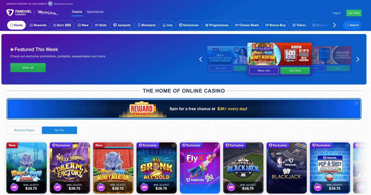FanDuel gaming lobby, showing featured promotions alongside new and exclusive slots.